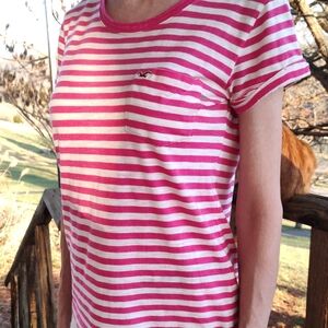 Hollister White and Pink Striped Tee. Size Small.
